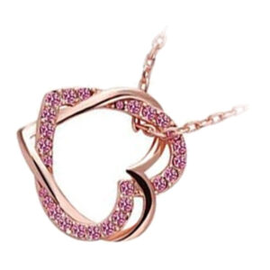 18K Rose Gold Coated Heart Pendant Necklace with Stones Interlocked with Another Heart - Sapphire Rose