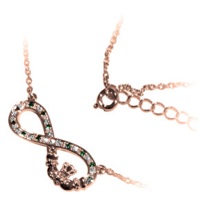 18K Rose Gold Coated Infinity Band Pendant Necklace with Claddagh and Cubic Zirconia Crystals