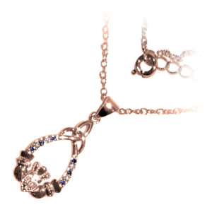 18K Rose Gold Coated Claddagh and Celtic Trinity Knot Teardrop Pendant Necklace with CZ Stones - Sapphire Blue
