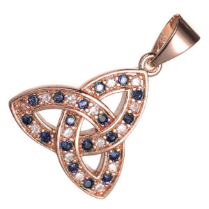 18K Rose Gold Coated Celtic Trinity Knot Pendant Necklace with Cubic Zirconia Stones - Sapphire Blue