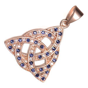 18K Rose Gold Coated Celtic Trinity Knot Pendant Necklace with Circle Ornament and CZ Stones - Sapphire Blue