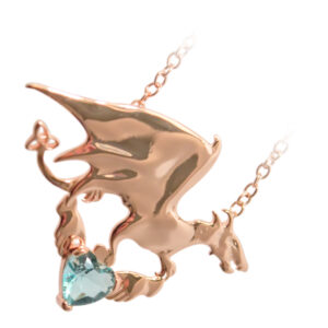 18K Rose Gold Coated Dragon Pendant Necklace with Stone and Celtic Trinity Knot - Aquamarine Blue