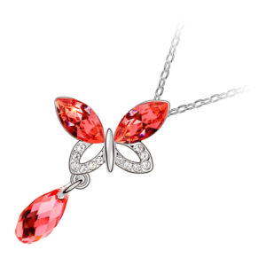 18K White Gold Coated Butterfly Pendant Necklace with Crystal Wings and Teardrop Stone - Garnet Orange Red