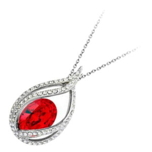 18K White Gold Coated Oval Sparkling Crystal Pendant Necklace with Teardrop Design - Ruby Red