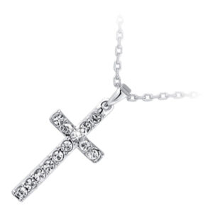 Precious Metal Coated Cross Pendant Necklace Adorned with Brilliant Clear Stones - 18ct White Gold