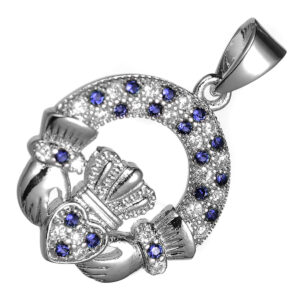 18K White Gold Coated Claddagh Circle Pendant Necklace with Cubic Zirconia Stones - Sapphire Blue
