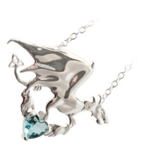 18K White Gold Coated Dragon Pendant Necklace with Stone Heart and Celtic Trinity Knot - Aquamarine Sea Blue