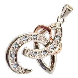 18K White Gold and Rose Gold Coated Celtic Trinity Knot Pendant Necklace with Stones - Turquoise Blue