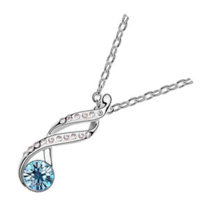 18K White Gold Coated Swirl Pendant Necklace with Round Crystal and 16 Clear White Crystal Studs - Aquamarine Blue