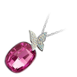 925 Sterling Silver Coated Pendant Necklace with Oval Crystal and Flying Butterfly