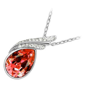 925 Sterling Silver Coated Water Drop Pendant Necklace with Crystal and Diamond Clear Stones - Ruby Red
