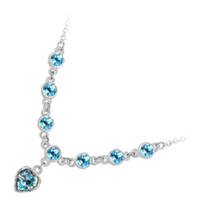 925 Sterling Silver Coated Heart Pendant Necklace with Main Crystal and 7 Round Stones - Aquamarine Sea Blue