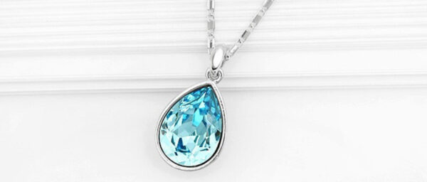 925 Sterling Silver Coated Water Drop Pendant Necklace with Crystal - Aquamarine Sea Blue