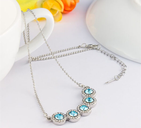 925 Sterling Silver Coated Pendant Necklace with 5 Round Zircon Stones and Diamond Clear Stone Band - Aquamarine Sea Blue