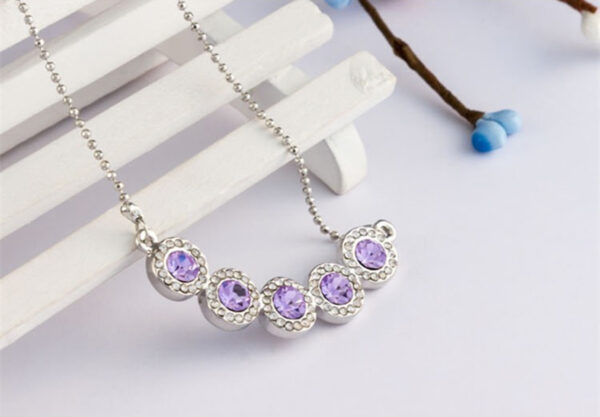 925 Sterling Silver Coated Pendant Necklace with 5 Round Zircon Stones and Diamond Clear Stone Band - Aquamarine Sea Blue