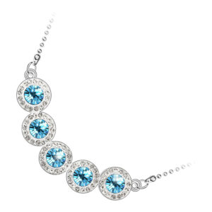 925 Sterling Silver Coated Pendant Necklace with 5 Round Zircon Stones and Diamond Clear Stone Band - Aquamarine Sea Blue