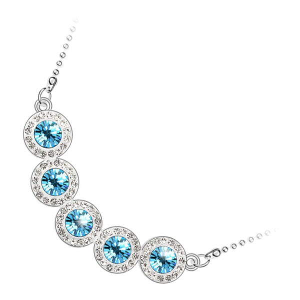 925 Sterling Silver Coated Pendant Necklace with 5 Round Zircon Stones and Diamond Clear Stone Band - Aquamarine Sea Blue
