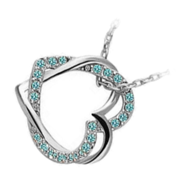 925 Sterling Silver Coated 2 Heart Pendant Necklace Adorned with Stones - Aquamarine Blue