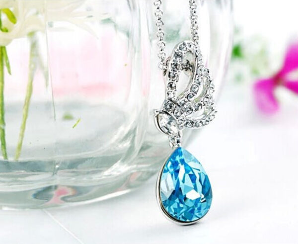 925 Sterling Silver Coated Teardrop Pendant Necklace with Sparkling Crystal and Butterfly Design - Aquamarine Sea Blue