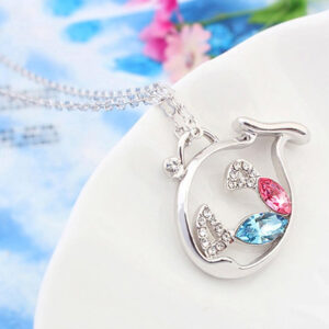 925 Sterling Silver Coated Pendant Necklace with Colourful Crystal Fishes and Stone-Adorned Tails Inside a Larger Fish - Turquoise Blue and Sapphire Rose