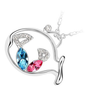 925 Sterling Silver Coated Pendant Necklace with Colourful Crystal Fishes and Stone-Adorned Tails Inside a Larger Fish - Turquoise Blue and Sapphire Rose