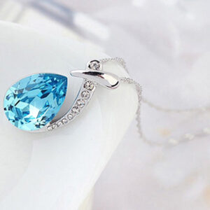 925 Sterling Silver Coated Water Drop Crystal Pendant Necklace with Stone-Paved Band - Aquamarine Blue