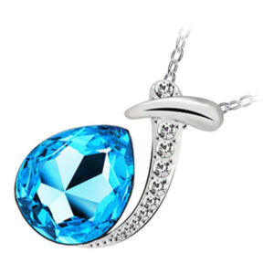 925 Sterling Silver Coated Water Drop Crystal Pendant Necklace with Stone-Paved Band - Aquamarine Blue