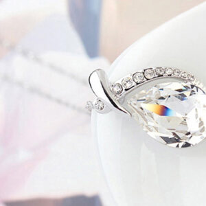 925 Sterling Silver Coated Water Drop Crystal Pendant Necklace with Stone-Paved Band - Diamond Clear