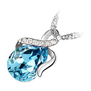 925 Sterling Silver Coated Water Drop Crystal Pendant Necklace with Ribbon and Stone Paved Design