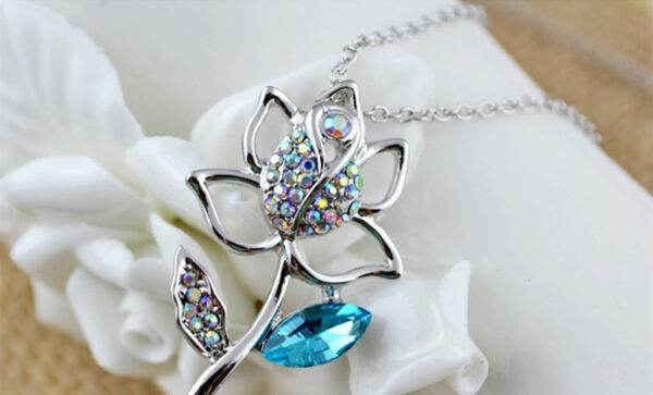 925 Sterling Silver Coated Rose Flower Pendant Necklace with Stone Embellishments and Sparkling Crystal - Turquoise Blue