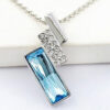 925 Sterling Silver Coated Rectangular Bar Pendant Necklace with White Stones and Crystal - Aquamarine Sea Blue