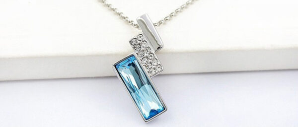 925 Sterling Silver Coated Rectangular Bar Pendant Necklace with White Stones and Crystal - Aquamarine Sea Blue