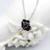 925 Sterling Silver Coated Rose Flower Pendant Necklace with White Stone Accents - Black