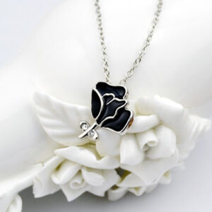 925 Sterling Silver Coated Rose Flower Pendant Necklace with White Stone Accents - Black