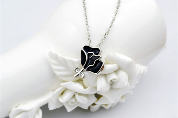 925 Sterling Silver Coated Rose Flower Pendant Necklace with White Stone Accents - Black