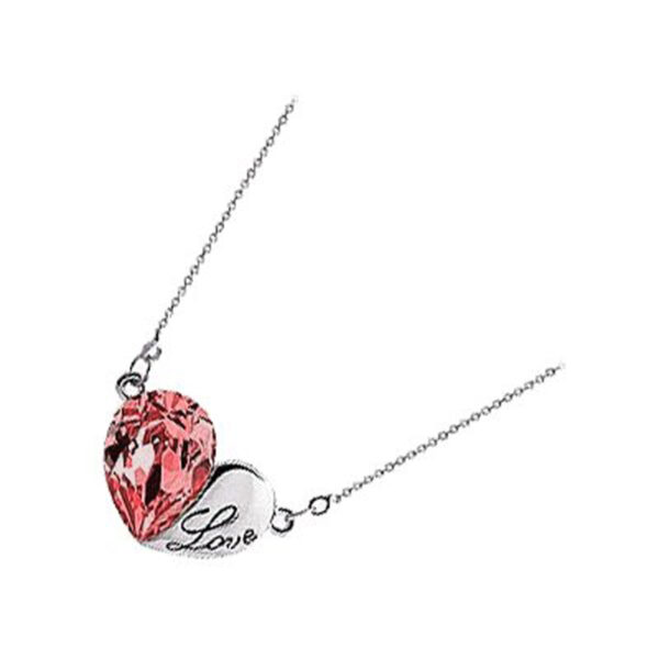 925 Sterling Silver Coated Heart Pendant Necklace with Teardrop Crystal - Sapphire Pink
