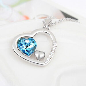 925 Sterling Silver Coated Heart Pendant Necklace with Crystal and Solid Small Heart - Turquoise Blue