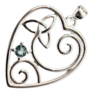 925 Sterling Silver Filigree Heart Pendant Necklace with Celtic Trinity Knot and Stone - Aquamarine Blue