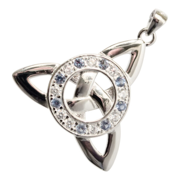 925 Sterling Silver Pendant Necklace with Celtic Trinity Knot and Circle Paved with Stones - Aquamarine Blue