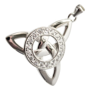 925 Sterling Silver Pendant Necklace with Celtic Trinity Knot and Circle Paved with Stones - Diamond Clear