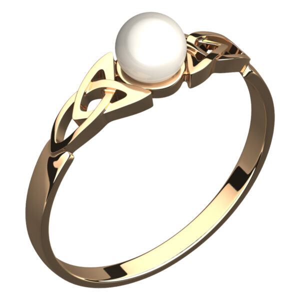 18K Yellow Gold Coated 925 Sterling Silver Celtic Trinity Knot Ring with White Round Pearl