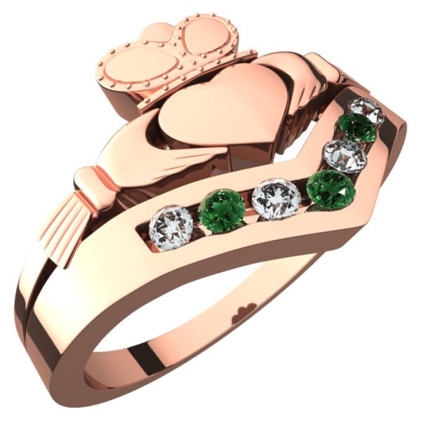 18K Rose Gold Coated Claddagh Ring with Emerald Green Zircon Stones