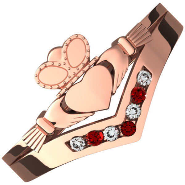 18K Rose Gold Coated Claddagh Ring with Ruby Red Zircon Stones