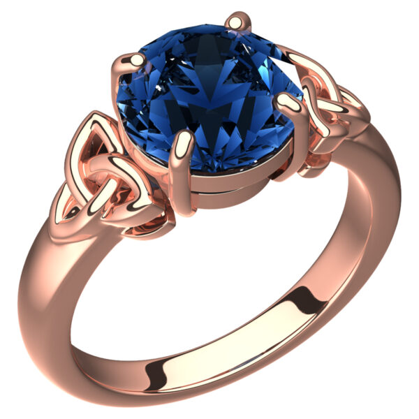 18K Rose Gold Coated Ring with Sapphire Blue CZ Stone and Celtic Trinity Knots