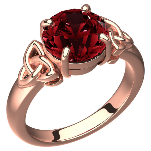 18K Rose Gold Coated Ring with Ruby Red CZ Stone and Celtic Trinity Knots