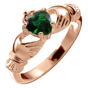 18K Rose Gold Coated Claddagh Love Ring with Emerald Green Heart CZ Stone Hands and Crown