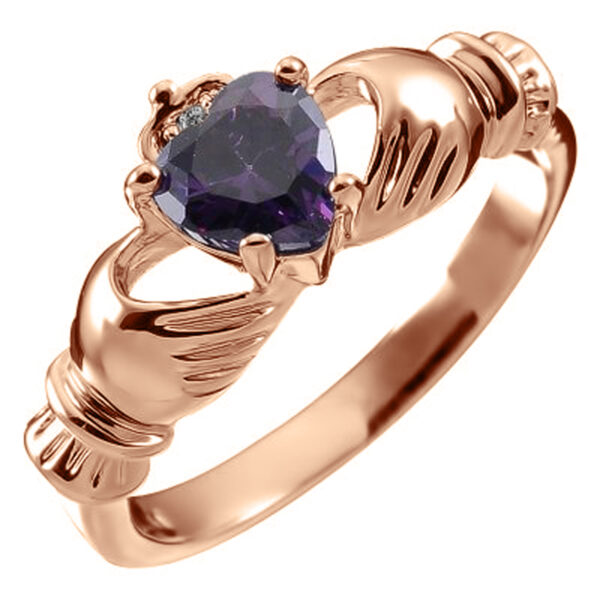 18K Rose Gold Coated Claddagh Love Ring with Amethyst Purple Heart CZ Stone Hands and Crown