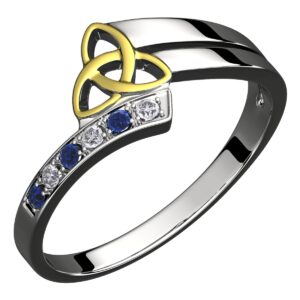 18K Gold Coated 925 Sterling Silver Ring Celtic Triquetra Trinity Knot and Sapphire Blue CZ Stones