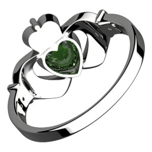 925 Sterling Silver Claddagh Ring with Crown and Emerald Green CZ Heart Embraced with Arms