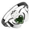 925 Sterling Silver Claddagh Ring with Crown and Emerald Green CZ Heart Embraced with Arms